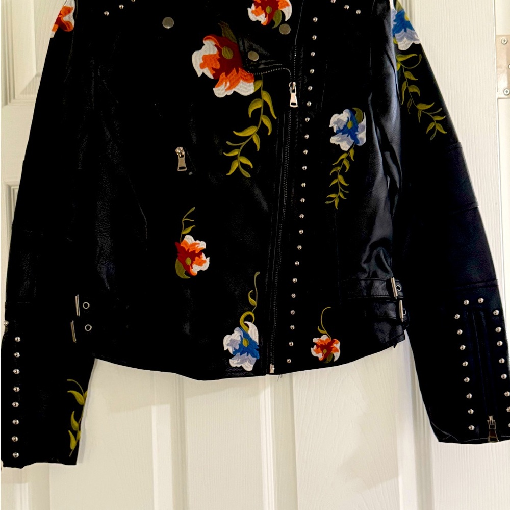 Fo-leather embroidered moto jacket.